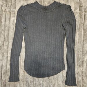 Free People Party In Back Black Ribbed Long Sleeve Blouse With Scarf Neck Detail